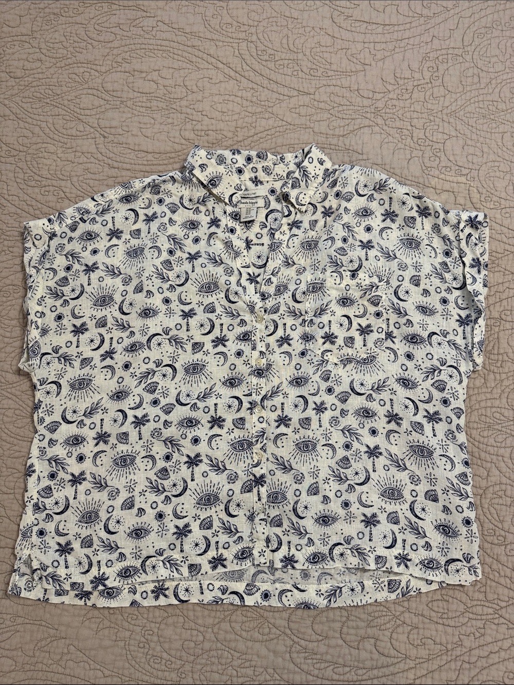 White Button-Front Shirt with Navy Celestial Print Size XL 100% Linen Vacation